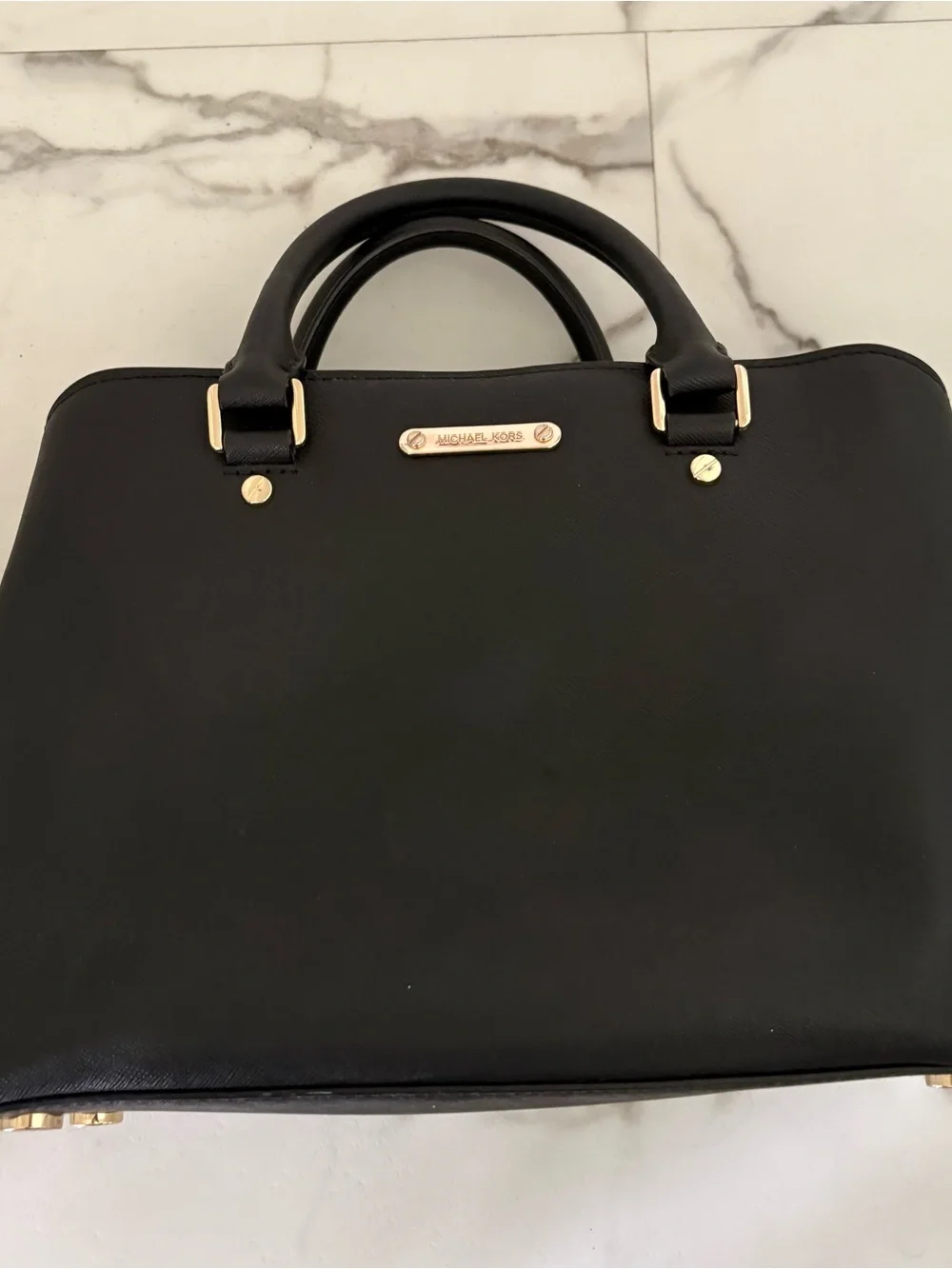 Michael Kors Black Saffiano Double-Handle Satchel with Gold Hardware